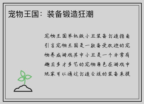 宠物王国：装备锻造狂潮